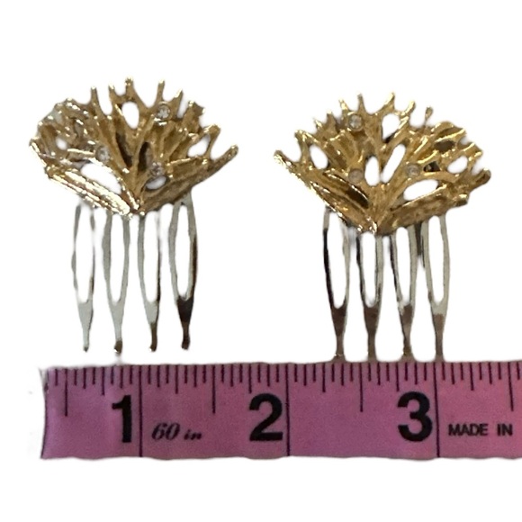 Coral Hair Comb Set Gold-Tone Rhinestones Beach Bridal Resort Hair Accessory - Picture 5 of 6